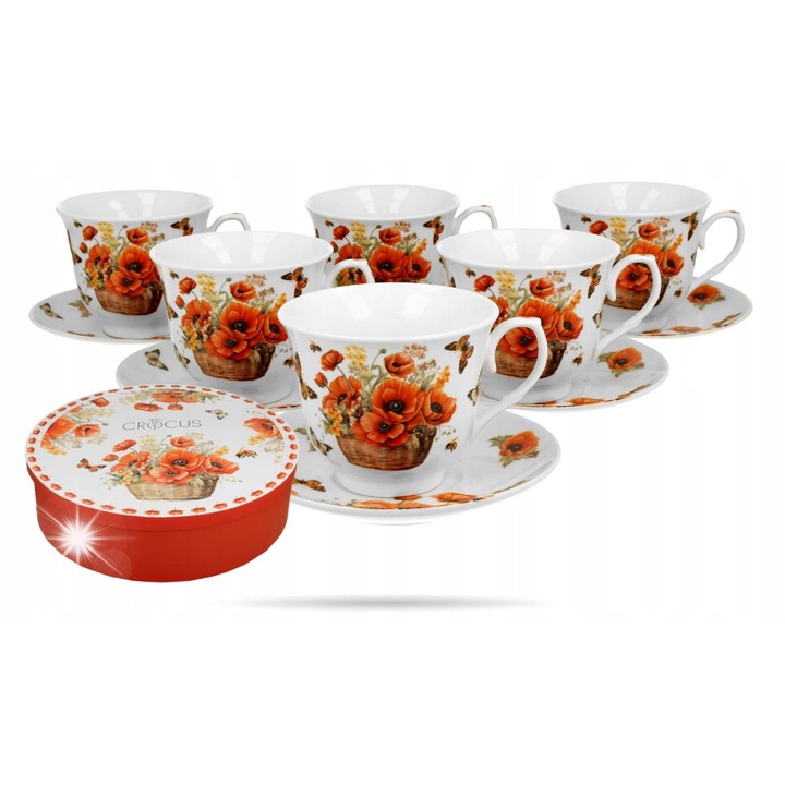 Set 6 cani cu farfurii retro, Duo, 250 ml, flori de maci, portelan