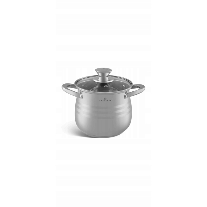 Oala din otel inoxidabil Edenberg, 16x14,5cm, 2,9L, cu capac din sticla, pentru inductie si gaz