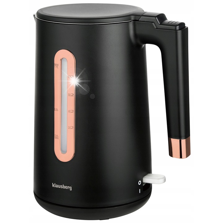 Klausberg KB-7889 elektromos vízforraló, 1.7L, 304 rozsdamentes acél, matt, fekete rose gold részletekkel, 360 fokban forgatható talp