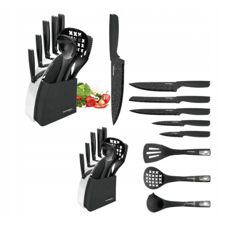 Set de cutite 9 piese cu suport Masterpan, lame din otel inoxidabil cu model marmorat, manere ergonomice