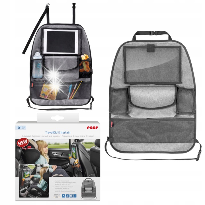 Reer autós tartó tablettához, 4 zsebbel, 43x57cm, fekete-szürke színben
