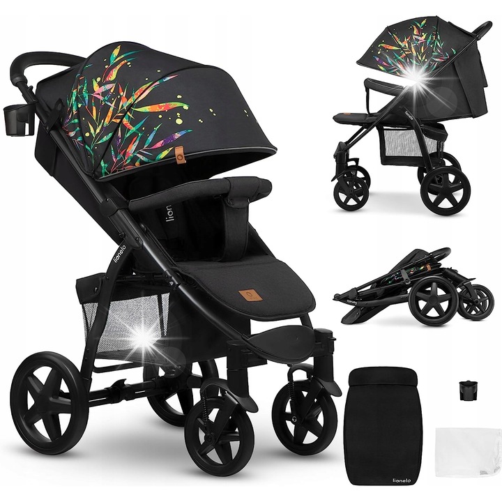Детска количка Lionelo Annet Plus, комплект с мрежа и покривало за крака, сгъваема, 22 кг, големи колела, 86.5x58x110 см, черна