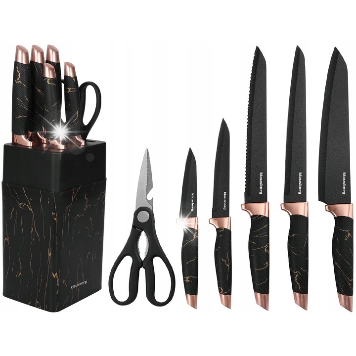 Set de cutite de bucatarie Klausberg, 7 elemente, cu suport si ascutitor, inox