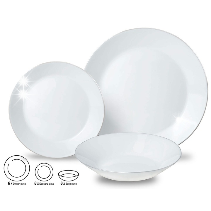 Set farfurii 18 piese Kinghoff, alb cu margine argintie, pentru 6 persoane, 25,4x21,5x19cm