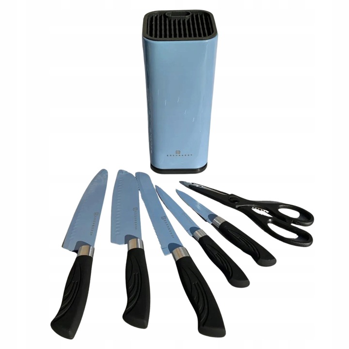 Set de cutite Edenberg 8 elemente, cutite si foarfece, inox, suport albastru