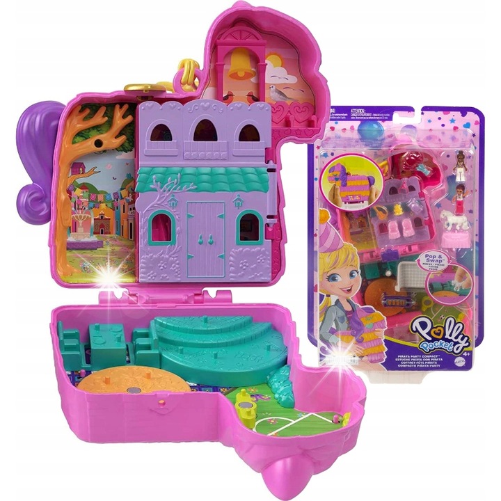Set de joaca Polly Pocket, toreba piniata, 2 mini papusi, 12 accesorii, 11x12cm