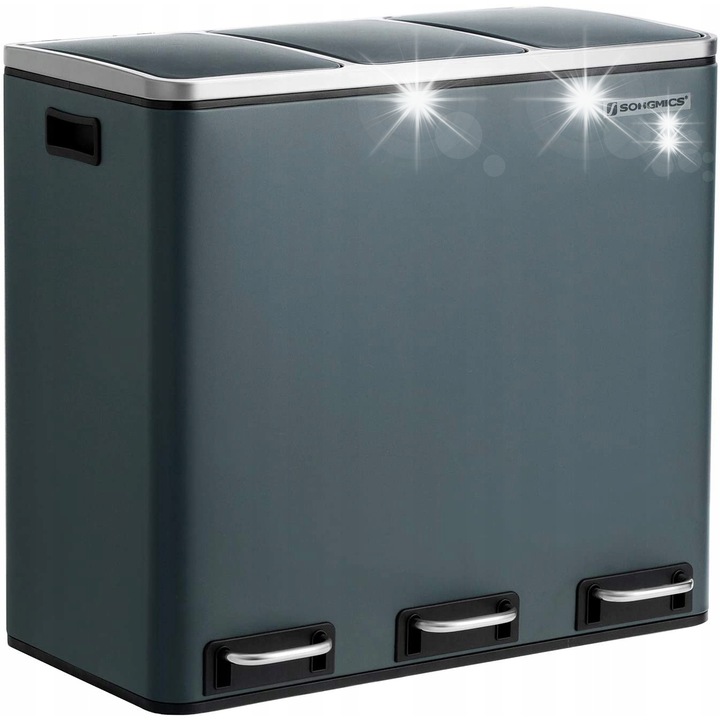 Cos de gunoi 54L 3-comorii, Songmics, gri, 61,5x31,5x56cm