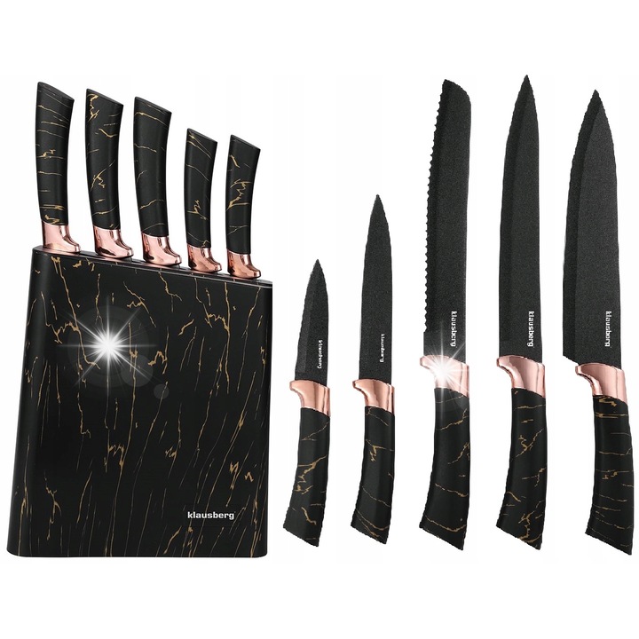 Set de cutite de bucatarie Klausberg, 6 elemente, otel inoxidabil, bloc de depozitare