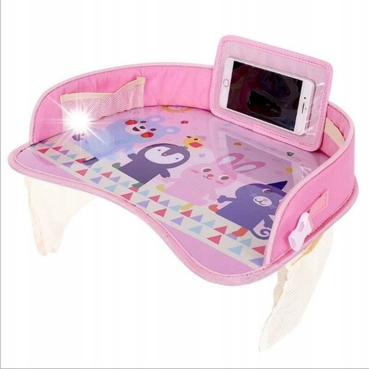 Masa de calatorie pentru masina DKM, roz, 42x32x8cm, organizator si suport pentru gustari