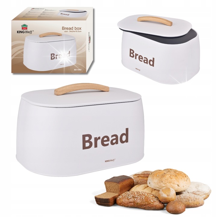 Кутия за хляб Kinghoff, метална, бяла, 34x24x18,5см