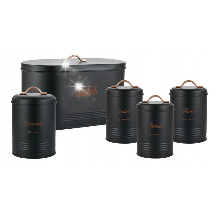 Set cutii paine si 4 recipiente Elitehoff, negru, 34x21x18cm, recipiente 11x18cm si 13,5x19cm