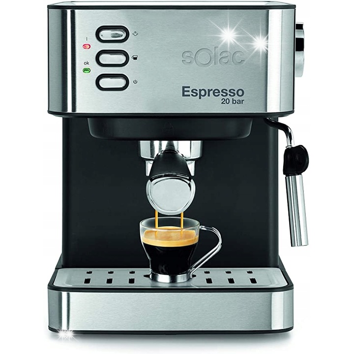 Espressor automat Solac, 850 W, 1.6 L, 20 bar, inox, 2 cani