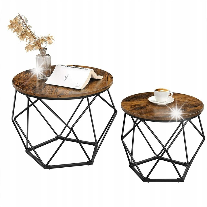 Комплект маси от 2 броя, Vasagle, индустриален стил, кръгъл плот, цвят рустик кафяв, 50x50x40cm