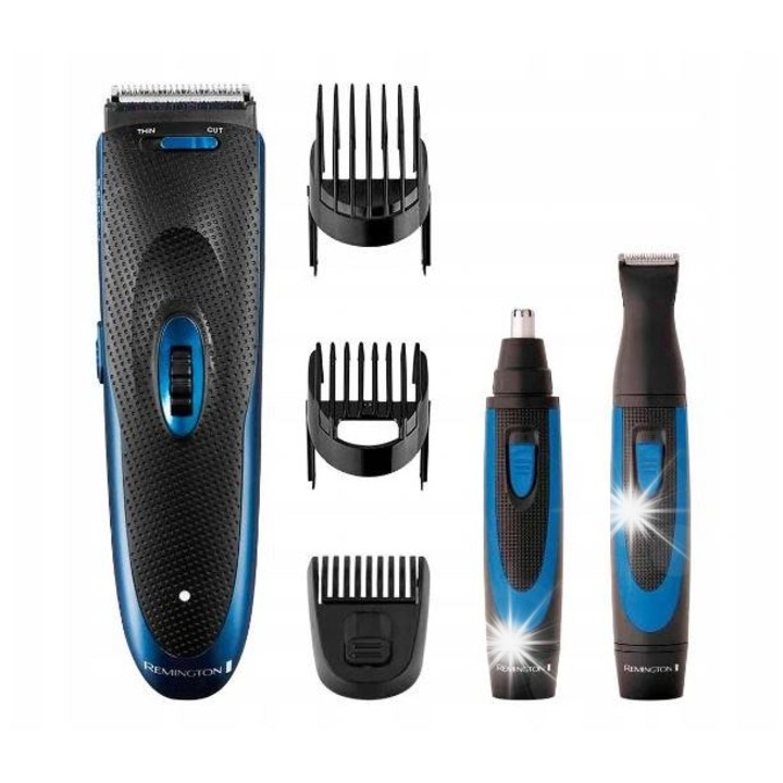 Aparat de tuns parul Remington, fara fir, 18 lungimi de taiere, inox, negru/albastru