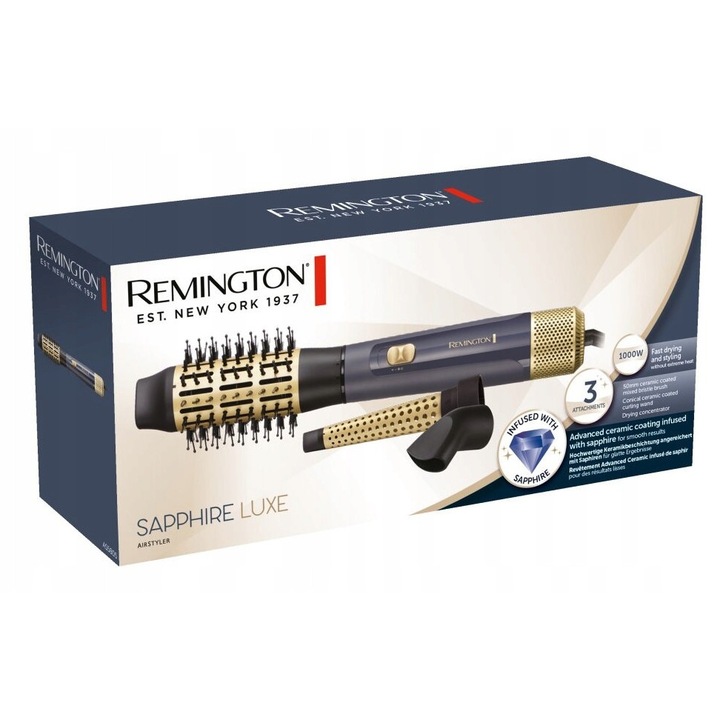 Uscator de par perie rotativa Remington Sapphire Luxe AS5805, 1000W, 3 accesorii, ceramica cu safir