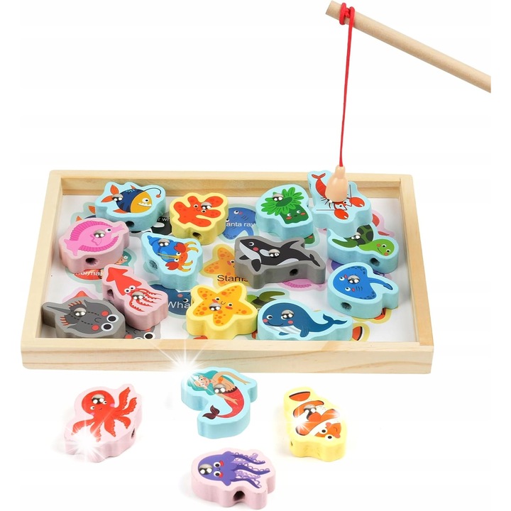 Jucarie educationala 3 in 1, Vicloon, pescuit magnetic, asamblare, din lemn, 3 ani+