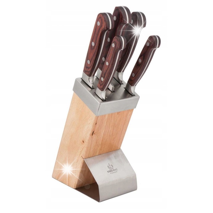 Set de cutite Kinghoff, 6 piese, otel inoxidabil, maner din lemn, diverse dimensiuni