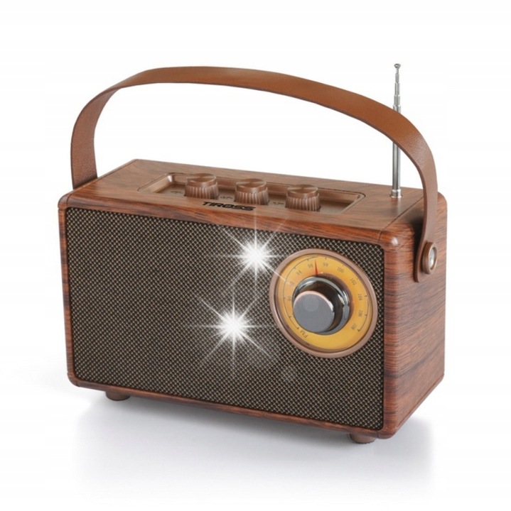Radio retro Tiross cu Bluetooth 5.3, USB-C, 1500mAh, 11x16x8cm, set cu cablu USB-C si cablu line-in
