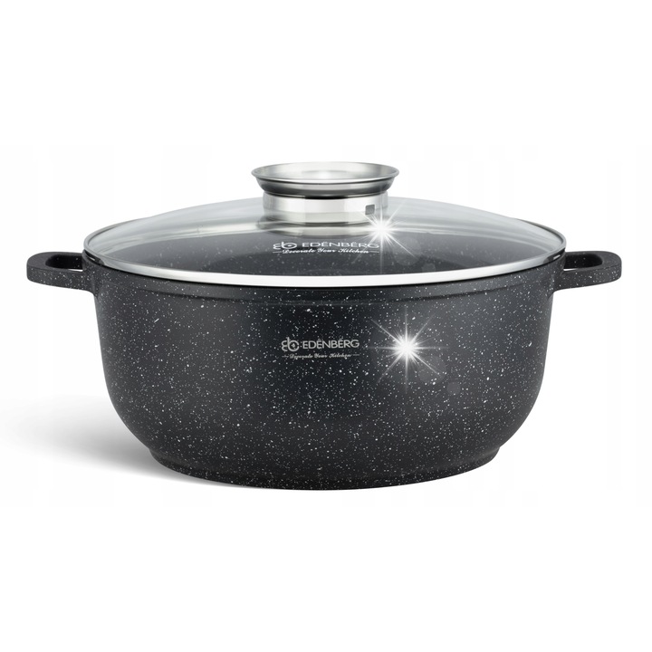 Oala Edenberg, 6.8L, aluminiu, ceramica-marmura, 28cm, cu capac din sticla