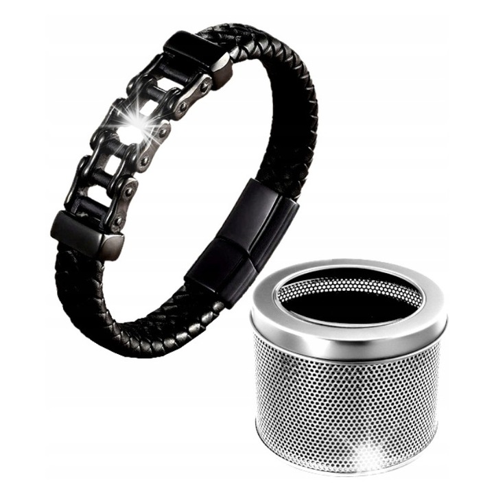 Férfi karkötő, DKM, rozsdamentes acél/bőr, 21.5 cm