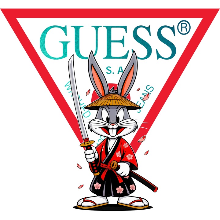 Sticker Adeziv Cu Bugs Bunny, Cu Textul "Guess" - Design 1, cu Margini Albe, PVC Vinyl 50CM