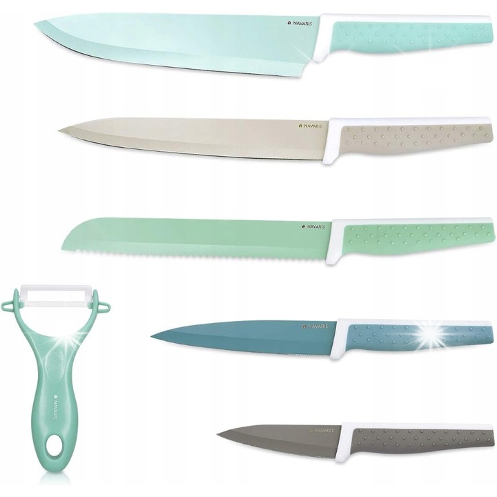 Set de 6 cutite de bucatarie Navaris, inox, multicolor, include curatator
