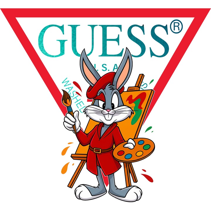 Sticker Adeziv Cu Bugs Bunny, Cu Textul "Guess" - Design 4, cu Margini Albe, PVC Vinyl 90CM