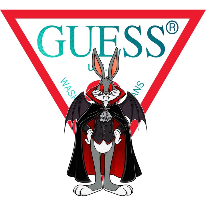 Sticker Adeziv Cu Bugs Bunny, Cu Textul "Guess" - Design 8, cu Margini Albe, PVC Vinyl 90CM