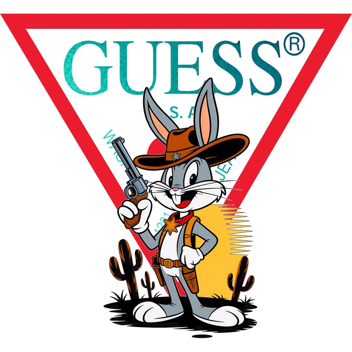 Sticker Adeziv Cu Bugs Bunny, Cu Textul "Guess" - Design 17, cu Margini Albe, PVC Vinyl 90CM