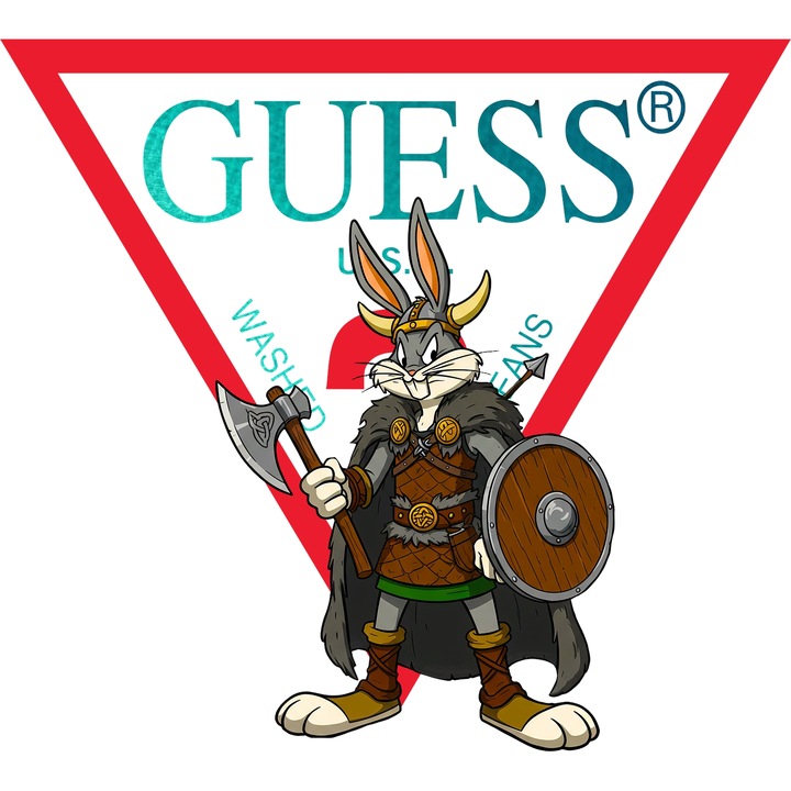 Sticker Adeziv Cu Bugs Bunny, Cu Textul "Guess" - Design 19, cu Margini Albe, PVC Vinyl 90CM
