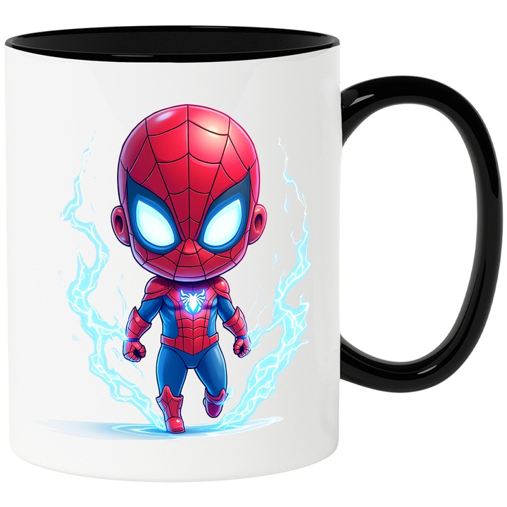 Cana Cu Spiderman Joaca si Curaj, Aventura si Prietenie Plina de Farmec, Magie si Speranta, Ceramica, 330ML, Cu Maner si Interior Negru