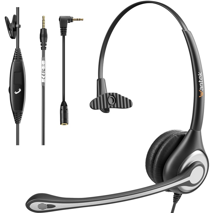 Căști cablate Wantek mono cu microfon, anulare zgomot, jack 3, 5 mm