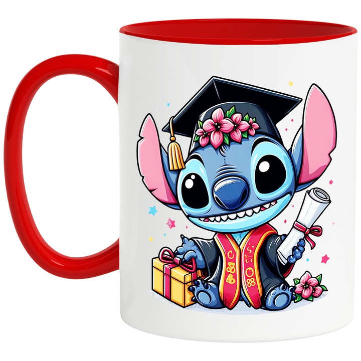 Cana Cu Stitch – Inima Aventurii Pixelata Vesela – Prietenie, Emotie si Distractie, Ceramica, 330ML, Cu Maner si Interior Rosu