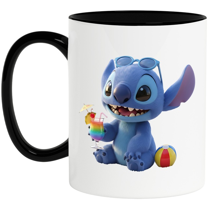 Cana Cu Stitch – Zambetul Aventurii Curajoase Pixel – Aventura, Copii si Distractie, Ceramica, 330ML, Cu Maner si Interior Negru
