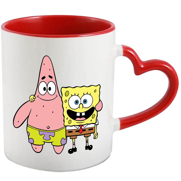 Cana Cu SpongeBob – Inima Aventurii Pixelata – Aventura, Copii si Magie, Ceramica, 330ML, Cu Maner Inima Rosie si Interior Rosu