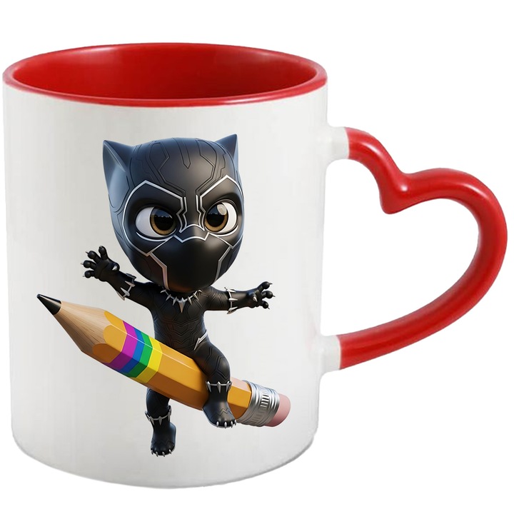 Cana Cu Pantera Neagra – Zambetul Regelui Curajos – Prietenie, Emotie si Curaj, Ceramica, 330ML, Cu Maner Inima Rosie si Interior Rosu