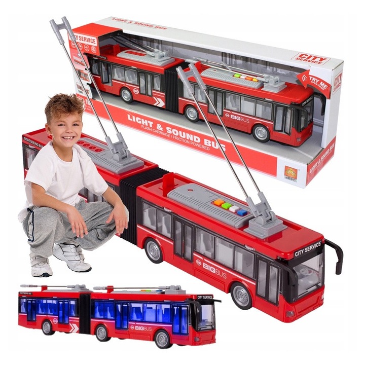 Autobuz de jucarie pentru copii Malplay, model realist cu functii luminoase si sonore, usi functionale, design autentic scara 1:16, dimesniune 44 x 8.5 x 6 cm