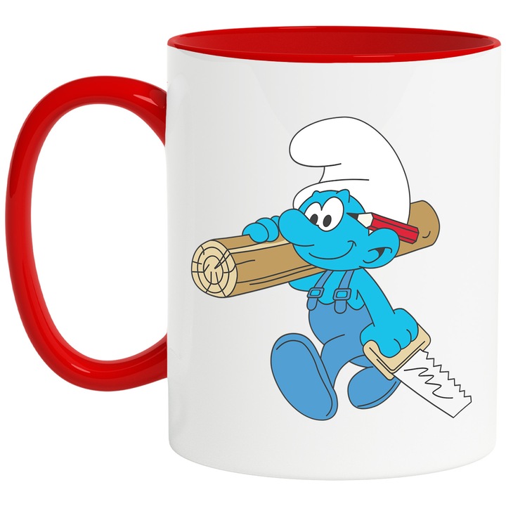 Cana Cu Strumf Joaca si Distractie Cu Creaturi Magice si Prieteni, Ceramica, 330ML, Cu Maner si Interior Rosu