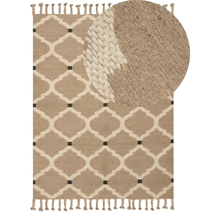 Covor bej din iută, Beliani, 160x230cm, stil Boho, realizat manual