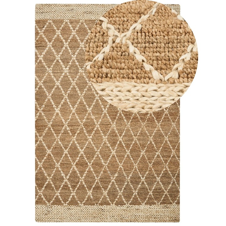 Covor iută Bej Beliani 200x300cm model geometric, potrivit pentru încălzire în pardoseală