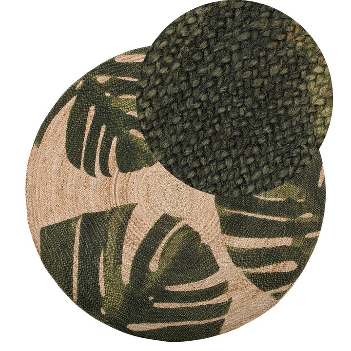 Covor rotund modern Beliani, iută bej și verde, 140x140cm, model frunze