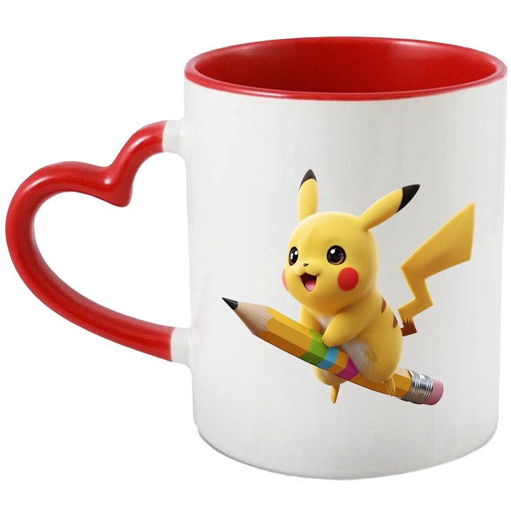 Cana Cu Pokemon Pikachu – Inima Aventurii Plina De Magie – Aventura, Copii si Zambete, Ceramica, 330ML, Cu Maner Inima Rosie si Interior Rosu