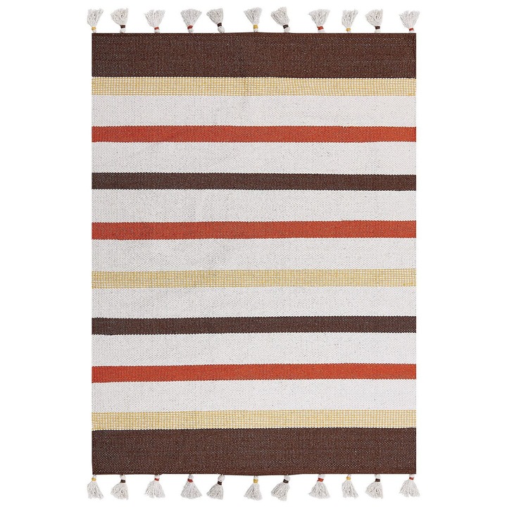 Covor Beliani din bumbac maro și bej deschis, 140x200cm, cu dungi multicolore, tesut manual