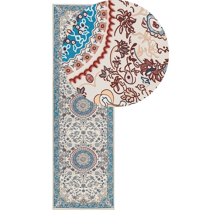 Covor bej și albastru Beliani 60x200cm, model oriental, antiderapant