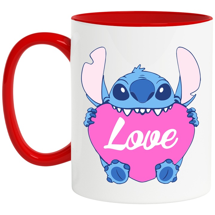 Cana Cu Stitch – Inima Aventurii Vesela Pixelata – Prietenie, Emotie si Aventura, Ceramica, 330ML, Cu Maner si Interior Rosu