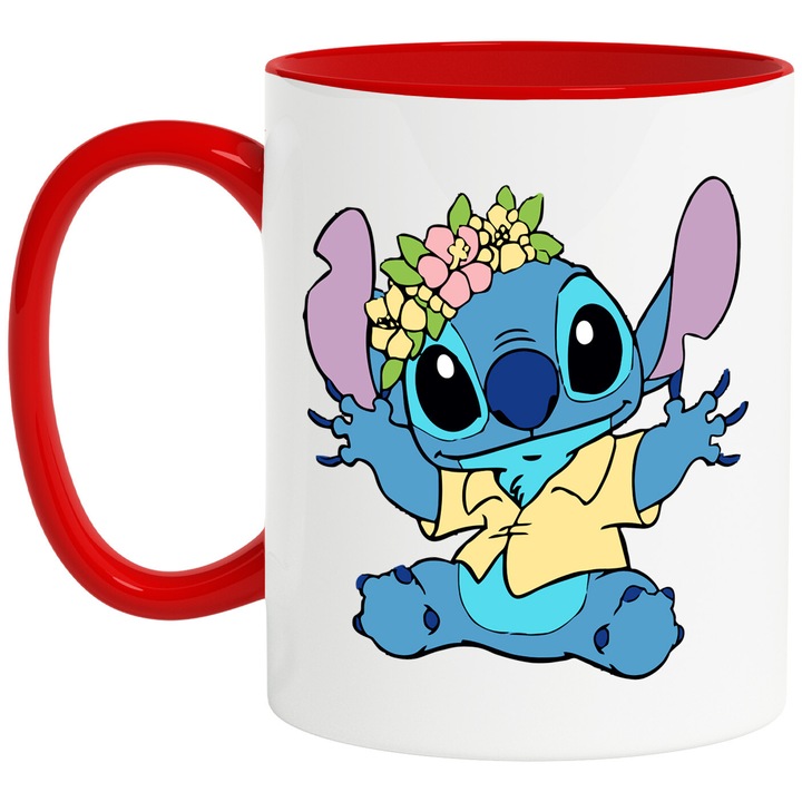 Cana Cu Stitch – Inima Aventurii Curajoasa Pe Insula – Aventura, Copii si Magie, Ceramica, 330ML, Cu Maner si Interior Rosu