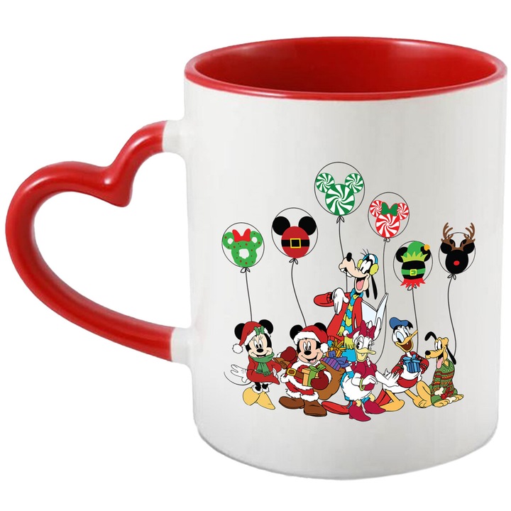 Cana Cu Mickey si Minnie – Inima Prieteniei Vesela – Prietenie, Emotie si Copii, Ceramica, 330ML, Cu Maner Inima Rosie si Interior Rosu