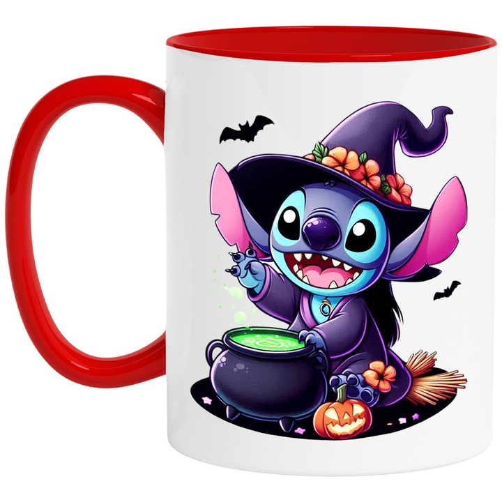 Cana Cu Stitch Halloween Mistere si Jocuri Curaj si Distractie Mare, Ceramica, 330ML, Cu Maner si Interior Rosu