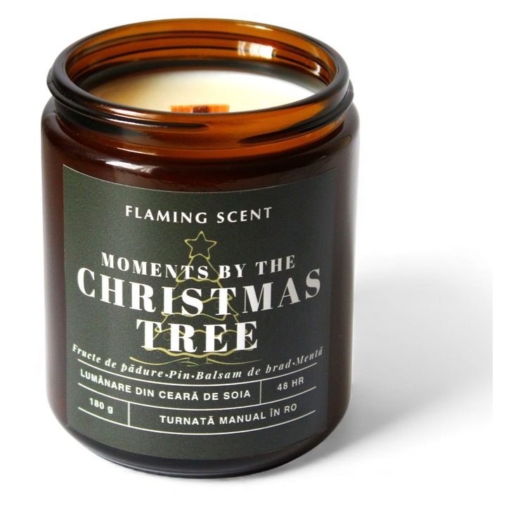 Lumanare parfumata din Soia cu fitil din lemn, Flaming Scent, Moments by the Cristmas Tree, handmade, ceara naturala, ardere 48 h, 180 g