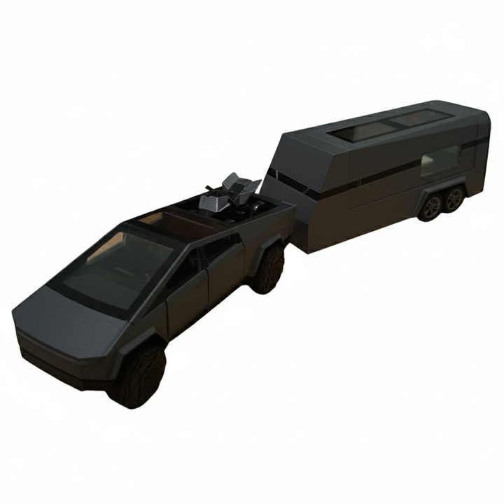 Masina Tesla Cybertruck Cu ATV Si Rulota, Macheta Metalica, Turnata Sub Presiune, Scara 1:36, Lumini Si Sunete, Deschidere Usi Masina Si Rulota, Mecanism Arc, Vision XXI, 27 cm, Gri